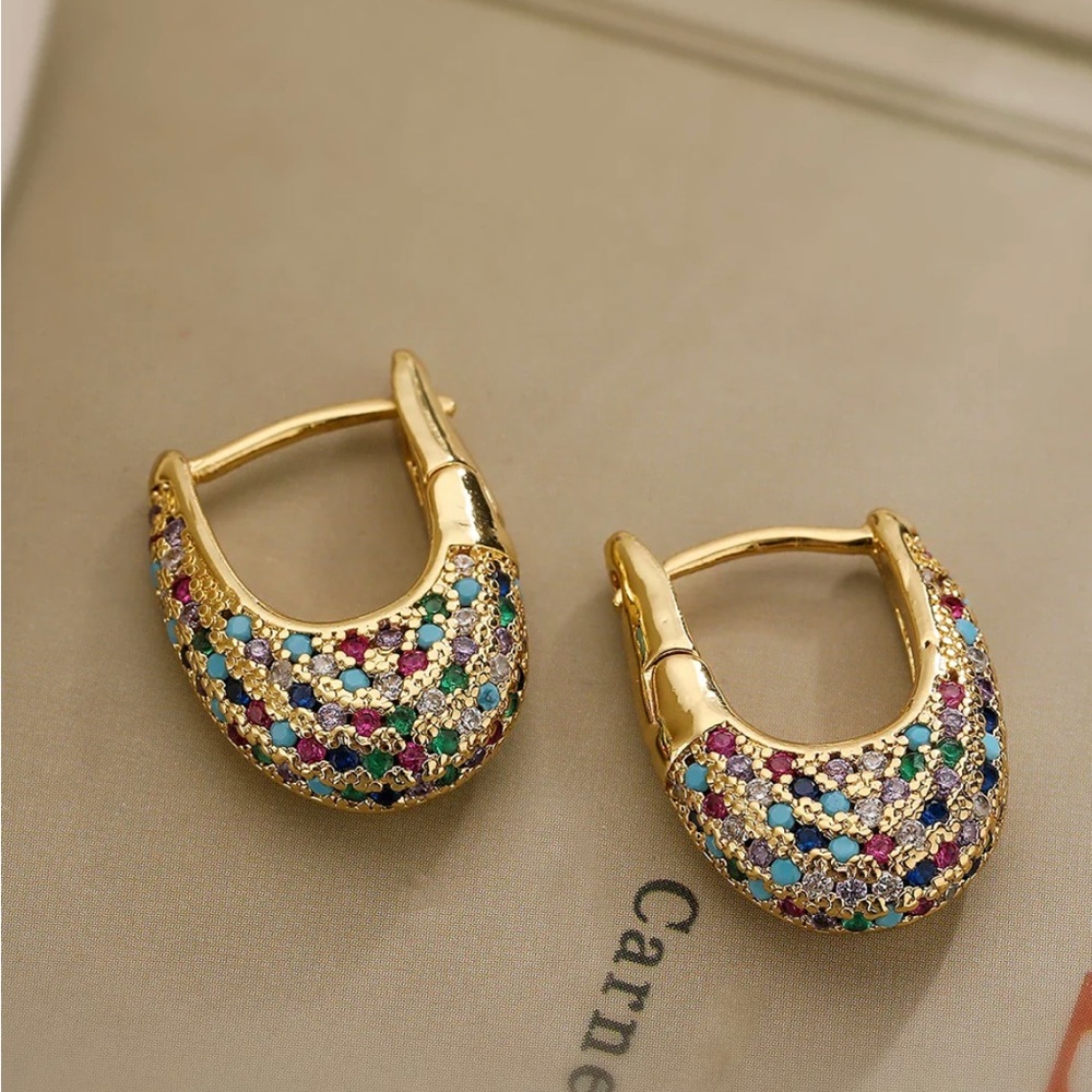 Gold Huggies Hoop Earrings with Colourful Inlaid Gems